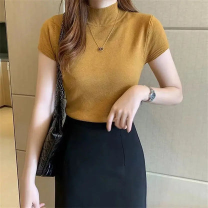 Fashion Woman Blouses Short Sleeve Summer Tops Blouse Women Turtleneck Knitted Blouse Shirt Women Tops Blouses DF4908 Novara Shop   Novara Shop