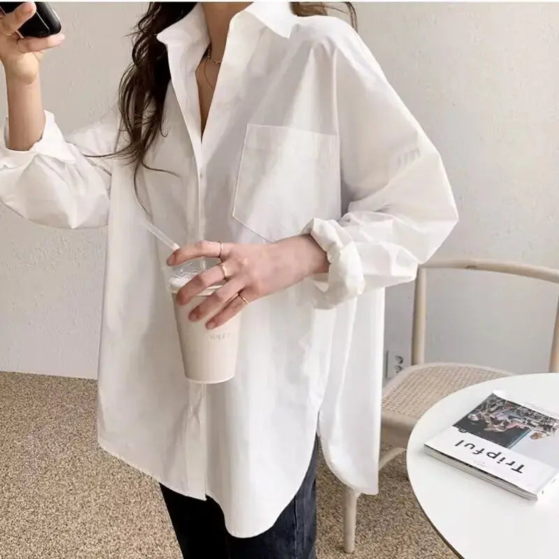 Office Lady Elegant White Casual Loose Blouses Fashion New Cotton Long Sleeve Women Shirt Turndown Collar Tops Novara Shop   Novara Shop