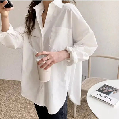 Office Lady Elegant White Casual Loose Blouses Fashion New Cotton Long Sleeve Women Shirt Turndown Collar Tops Novara Shop   Novara Shop