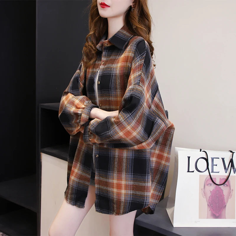 Plaid Shirt Women - Vintage Loose Blouse in Autumn Check, Trendy Long Sleeve Preppy Style