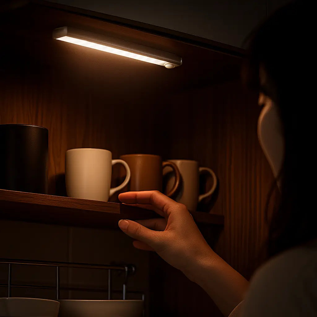 Motion sensor LED night light for cabinet and wardrobe lighting