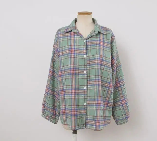 Plaid Shirt Women - Vintage Loose Blouse in Autumn Check, Trendy Long Sleeve Preppy Style