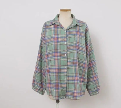 Plaid Shirt Women - Vintage Loose Blouse in Autumn Check, Trendy Long Sleeve Preppy Style