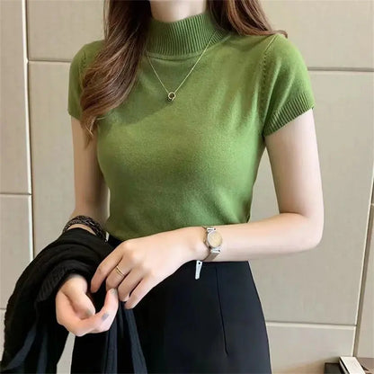 Fashion Woman Blouses Short Sleeve Summer Tops Blouse Women Turtleneck Knitted Blouse Shirt Women Tops Blouses DF4908 Novara Shop   Novara Shop