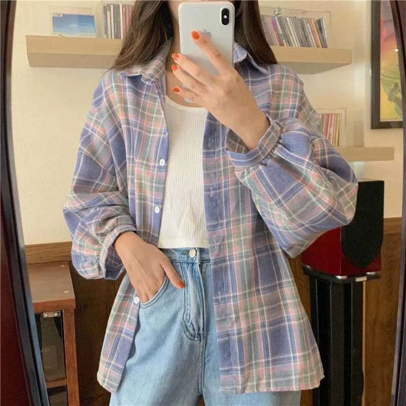 Plaid Shirt Women - Vintage Loose Blouse in Autumn Check, Trendy Long Sleeve Preppy Style