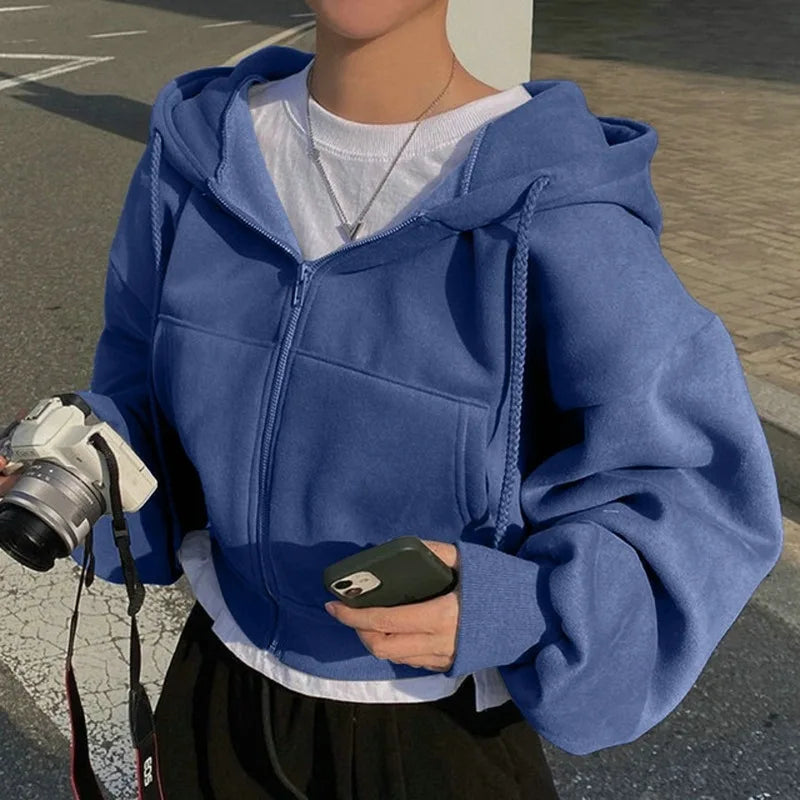 2024 Spring Autumn Fleece-Lined Cropped Sweatshirt for Women - Versatile Zip-Up Navy Blue Hooded Design Novara Shop   Novara Shop