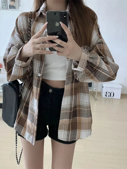 Plaid Shirt Women - Vintage Loose Blouse in Autumn Check, Trendy Long Sleeve Preppy Style