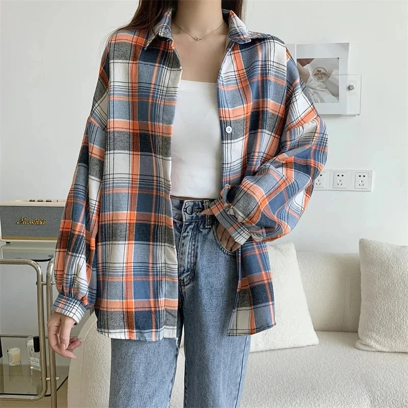 Plaid Shirt Women - Vintage Loose Blouse in Autumn Check, Trendy Long Sleeve Preppy Style