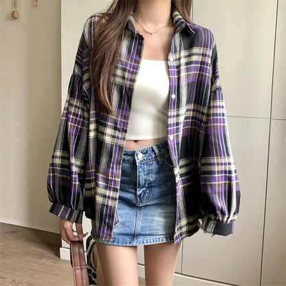 Plaid Shirt Women - Vintage Loose Blouse in Autumn Check, Trendy Long Sleeve Preppy Style
