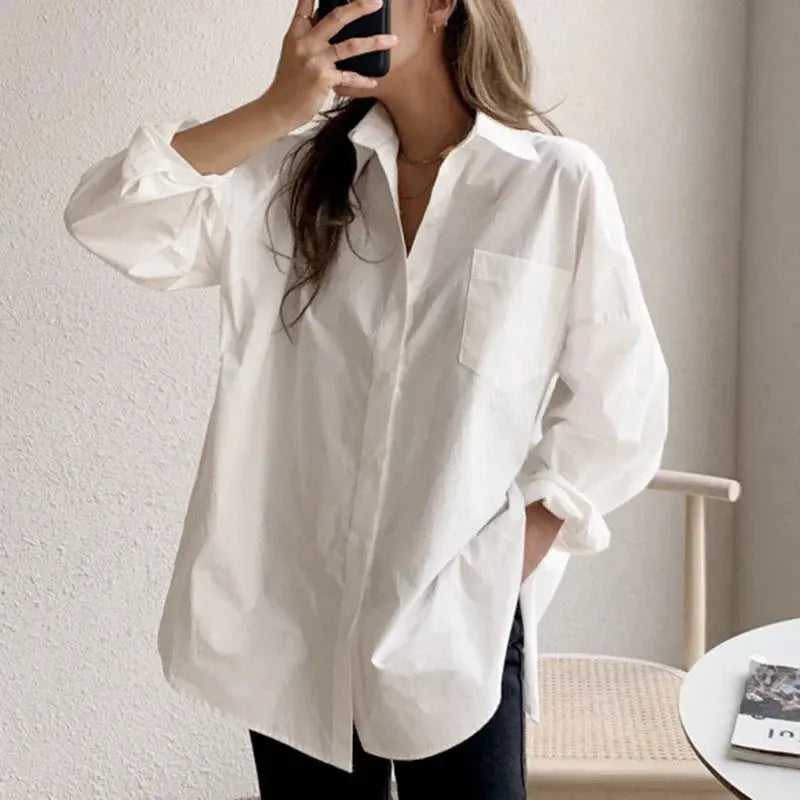 Office Lady Elegant White Casual Loose Blouses Fashion New Cotton Long Sleeve Women Shirt Turndown Collar Tops Novara Shop   Novara Shop