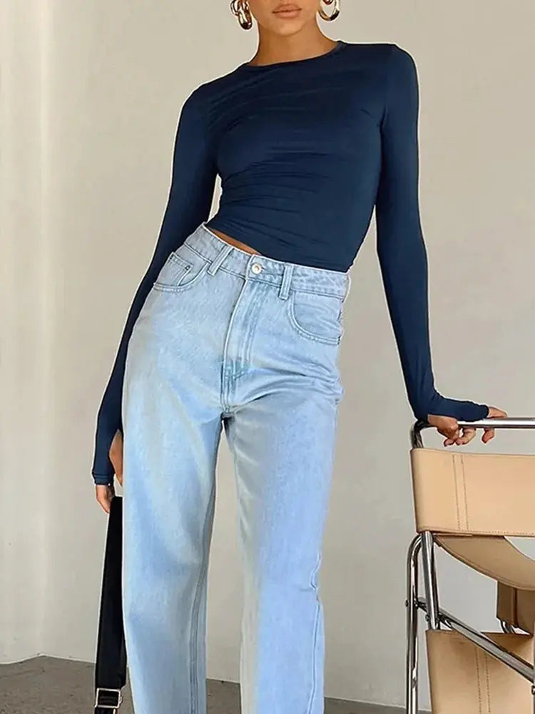 Fashion Women T-shirt Long Sleeve Crew Neck Solid Slim Fit Ladies Crop Top with Thumb Holes for Daily Streetwear Summer Camis Novara Shop   Novara Shop