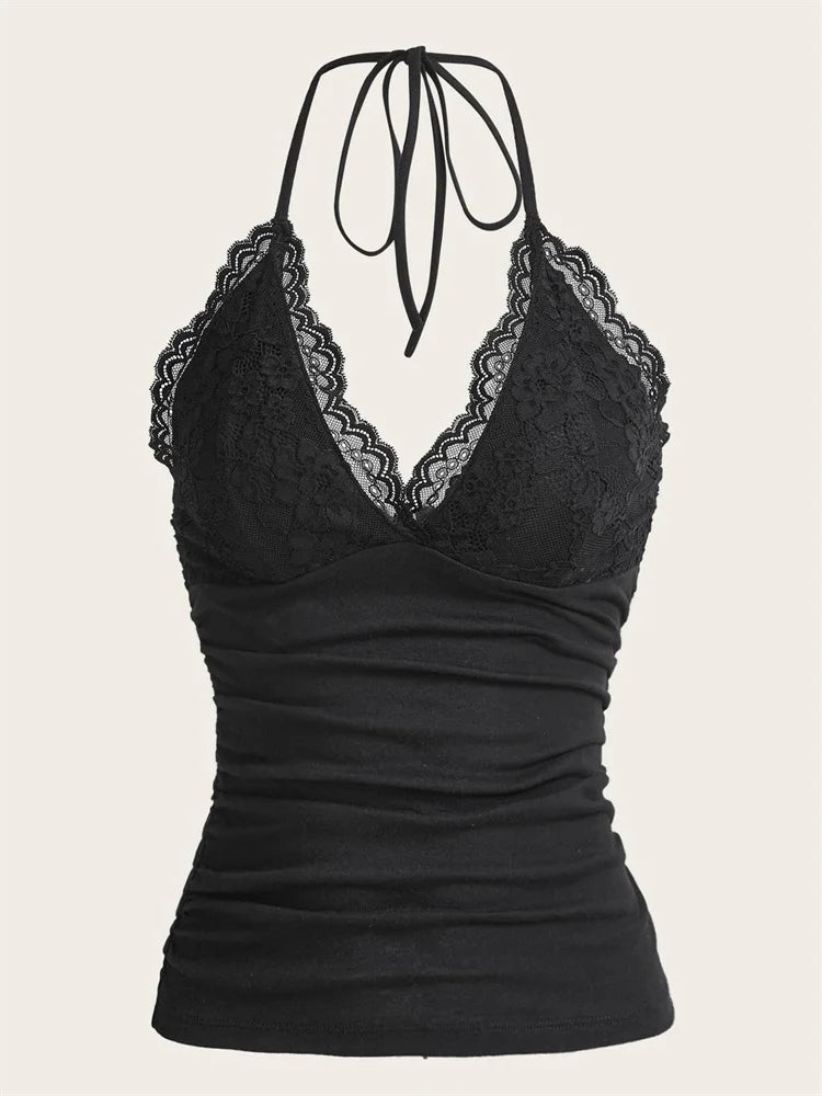Goth Grunge Halter Top - Black Lace Patchwork Backless Ruched Tank Top for Women | Y2K Summer Streetwear Novara Shop   Novara Shop