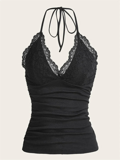 Goth Grunge Halter Top - Black Lace Patchwork Backless Ruched Tank Top for Women | Y2K Summer Streetwear Novara Shop   Novara Shop