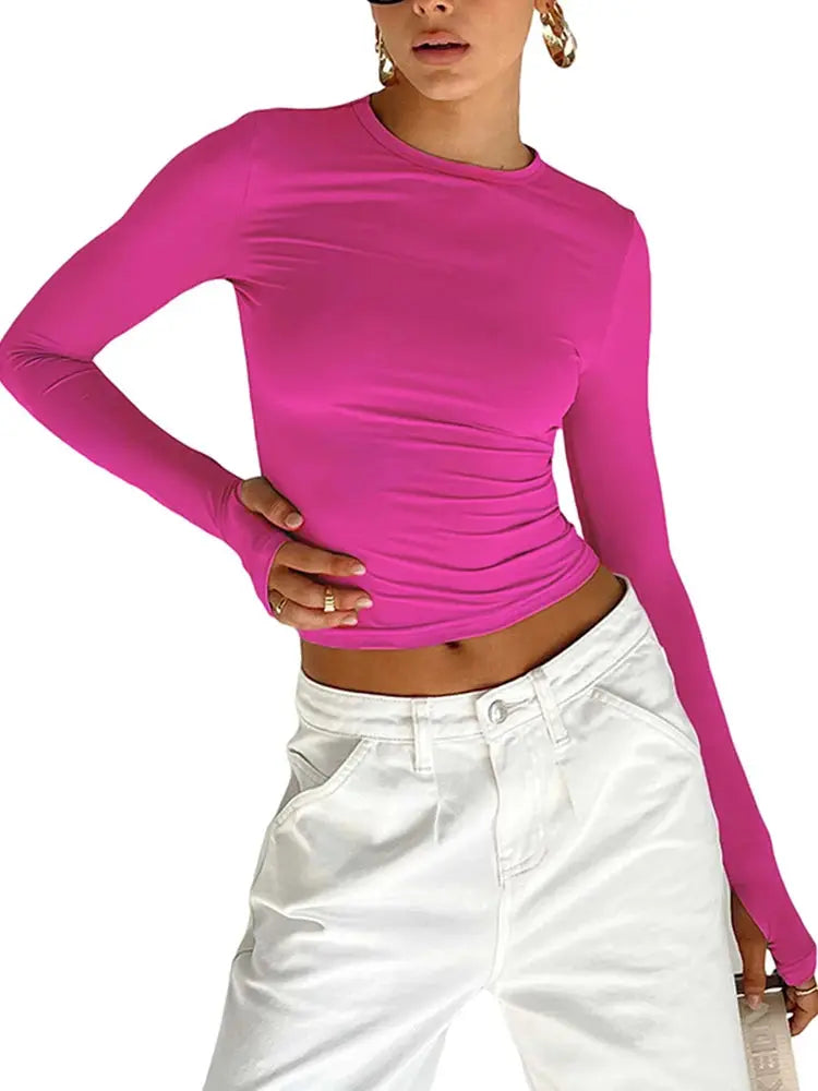 Fashion Women T-shirt Long Sleeve Crew Neck Solid Slim Fit Ladies Crop Top with Thumb Holes for Daily Streetwear Summer Camis Novara Shop   Novara Shop