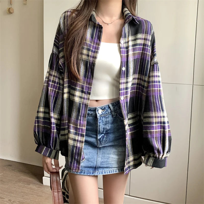 Plaid Shirt Women - Vintage Loose Blouse in Autumn Check, Trendy Long Sleeve Preppy Style