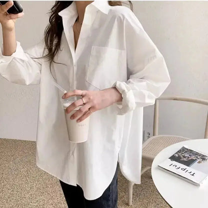 Office Lady Elegant White Casual Loose Blouses Fashion New Cotton Long Sleeve Women Shirt Turndown Collar Tops Novara Shop   Novara Shop