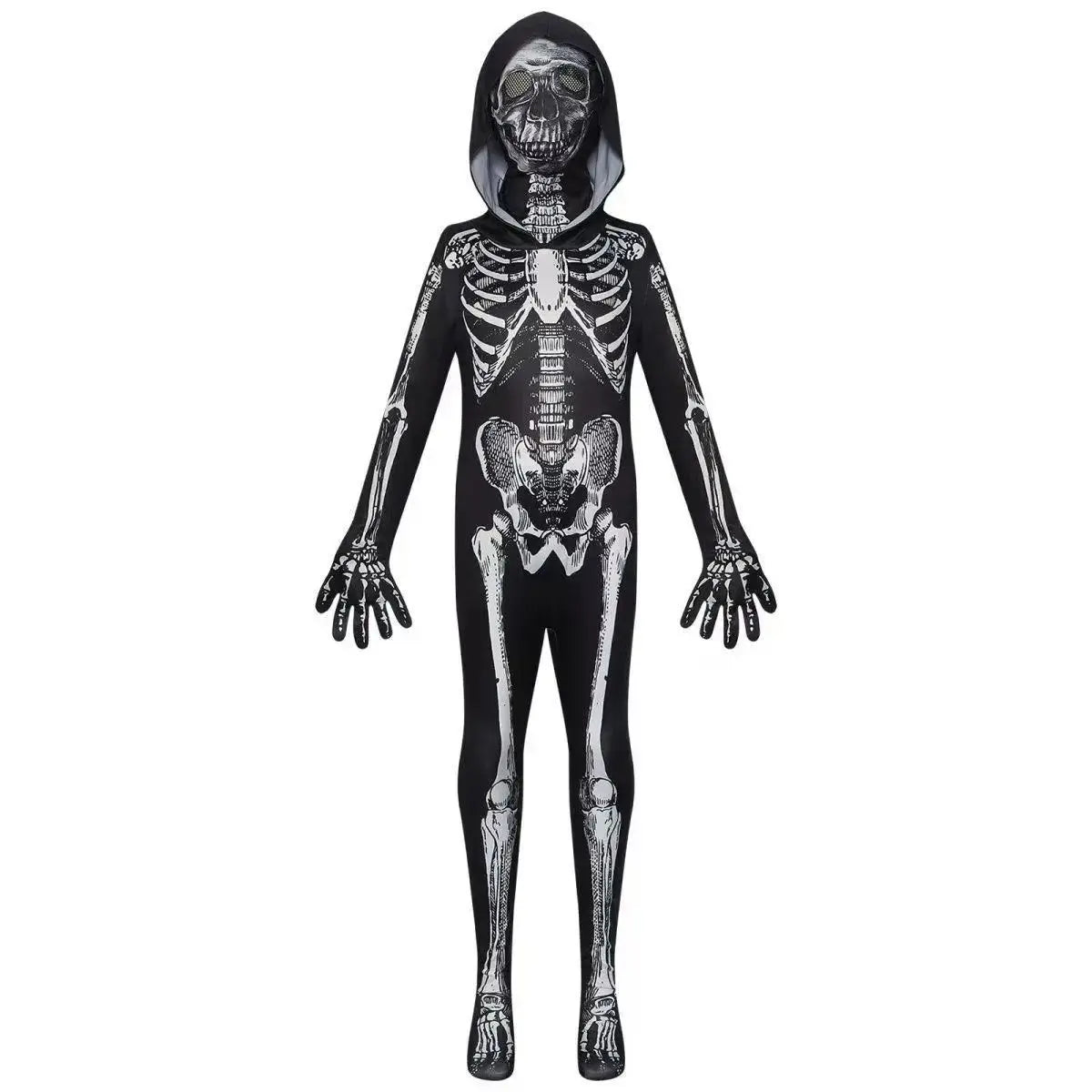 Halloween Costume Skeleton Tight Fitting Costume Ghost Cosplay Hooded Jumpsuit Children&