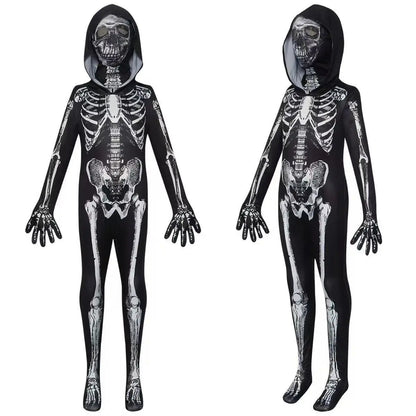 Halloween Costume Skeleton Tight Fitting Costume Ghost Cosplay Hooded Jumpsuit Children&