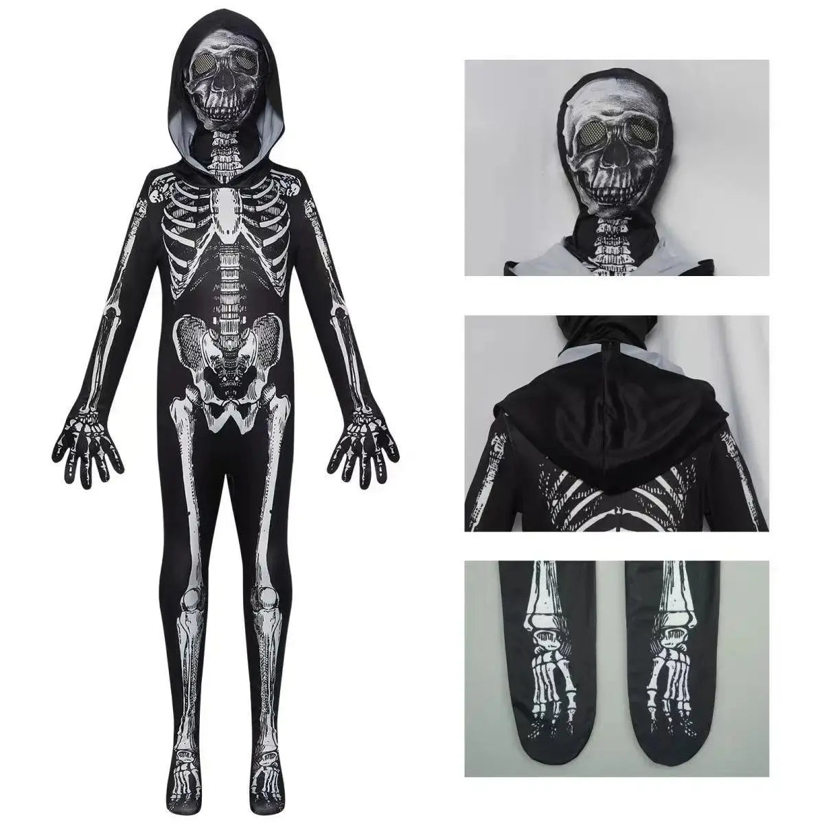 Halloween Costume Skeleton Tight Fitting Costume Ghost Cosplay Hooded Jumpsuit Children&