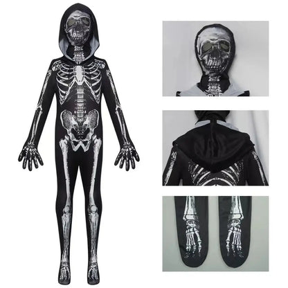 Halloween Costume Skeleton Tight Fitting Costume Ghost Cosplay Hooded Jumpsuit Children&