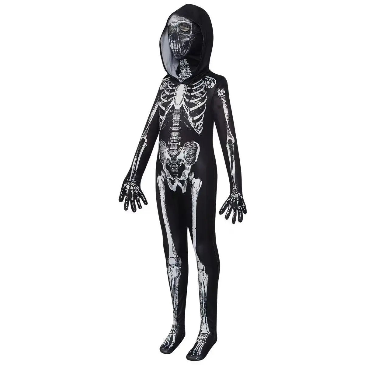 Halloween Costume Skeleton Tight Fitting Costume Ghost Cosplay Hooded Jumpsuit Children&