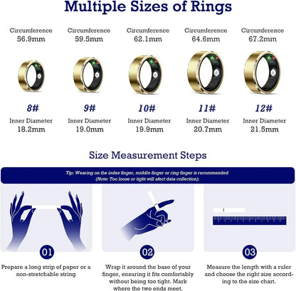 Smart Ring Health Tracker, Sleep Tracker Ring with Heart Rate, Waterproof Fitness Ring for Activity Monitoring/Steps/Distance/Calories,Air Gestures,Up to 7-Day Battery,For Ios Android (Light Gold,
