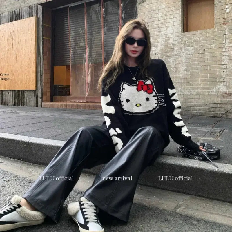 2025 Hot Sale Spring Round Neck Sweater For Women Kitty Graffiti Loose Waiver Wool Knitted Sweater Top Fashionable Trend Novara Shop