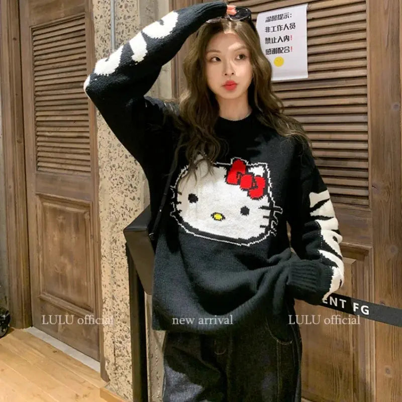 2025 Hot Sale Spring Round Neck Sweater For Women Kitty Graffiti Loose Waiver Wool Knitted Sweater Top Fashionable Trend Novara Shop