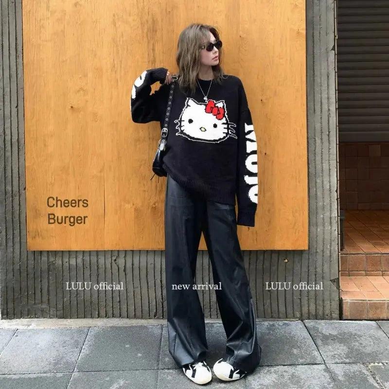 2025 Hot Sale Spring Round Neck Sweater For Women Kitty Graffiti Loose Waiver Wool Knitted Sweater Top Fashionable Trend Novara Shop