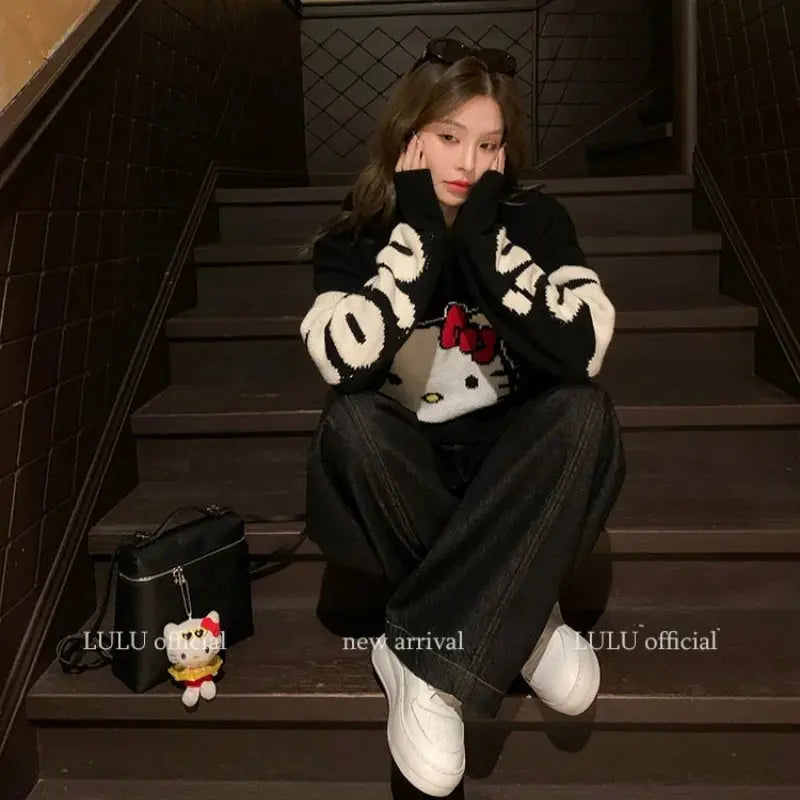 2025 Hot Sale Spring Round Neck Sweater For Women Kitty Graffiti Loose Waiver Wool Knitted Sweater Top Fashionable Trend Novara Shop