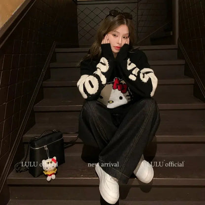 2025 Hot Sale Spring Round Neck Sweater For Women Kitty Graffiti Loose Waiver Wool Knitted Sweater Top Fashionable Trend Novara Shop