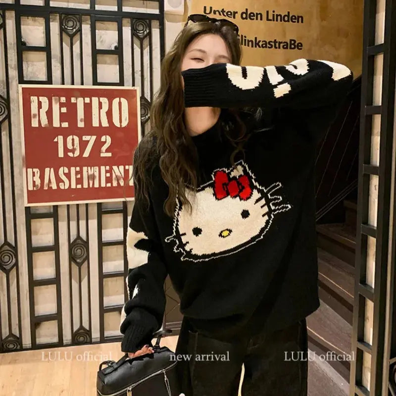2025 Hot Sale Spring Round Neck Sweater For Women Kitty Graffiti Loose Waiver Wool Knitted Sweater Top Fashionable Trend Novara Shop