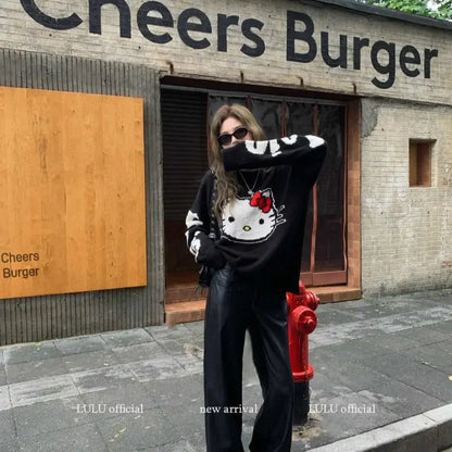 2025 Hot Sale Spring Round Neck Sweater For Women Kitty Graffiti Loose Waiver Wool Knitted Sweater Top Fashionable Trend Novara Shop