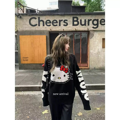 2025 Hot Sale Spring Round Neck Sweater For Women Kitty Graffiti Loose Waiver Wool Knitted Sweater Top Fashionable Trend Novara Shop