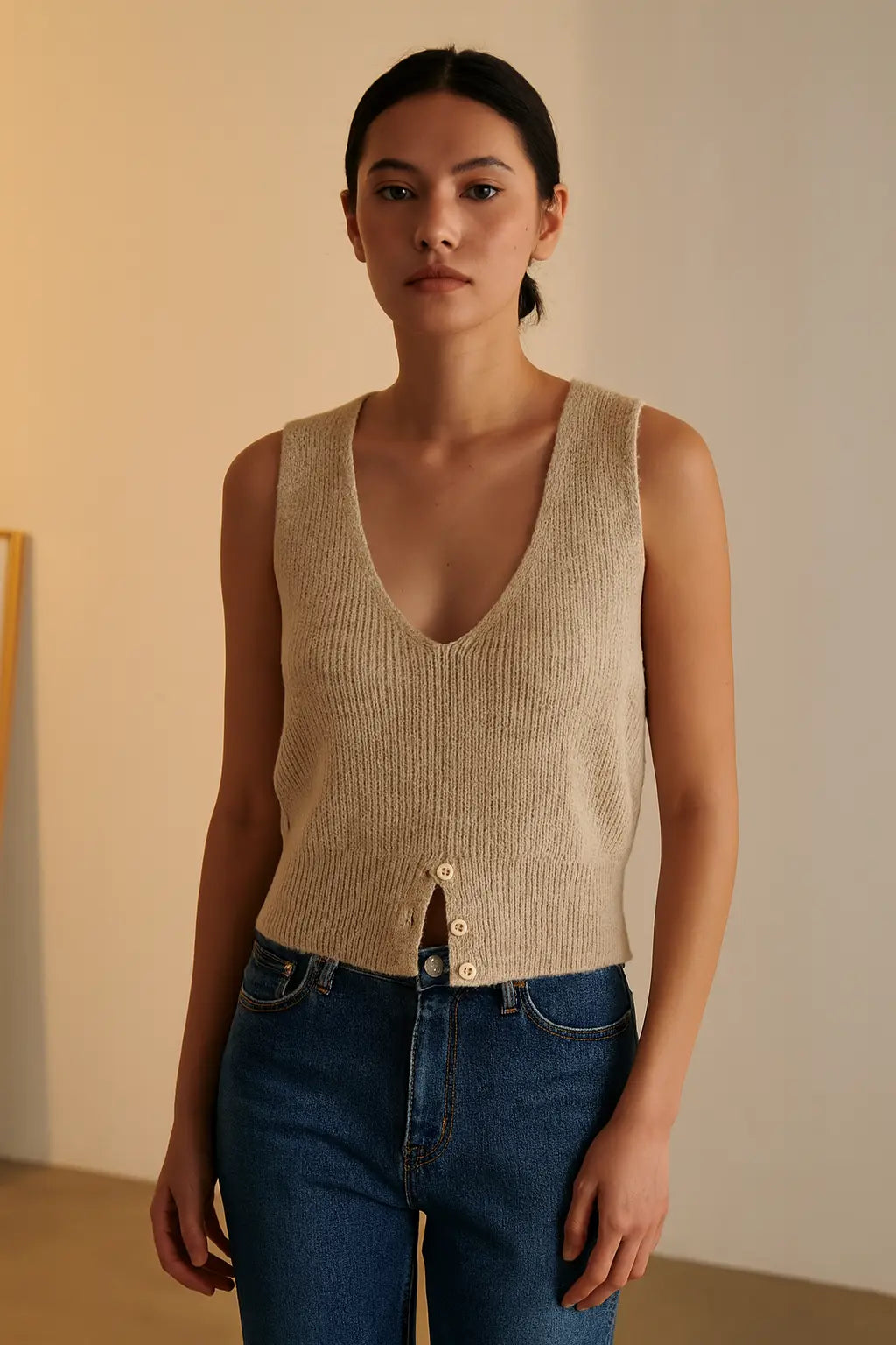 Autumn Winter V-Neck Knit Vest Threble Niche Cropped Knitwear