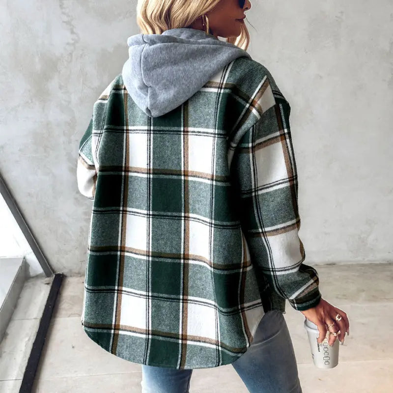 Plaid Hooded Jacket Fashion Casual Button Pocket Coat Autumn And Winter Women&