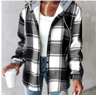 Plaid Hooded Jacket Fashion Casual Button Pocket Coat Autumn And Winter Women&