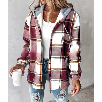 Plaid Hooded Jacket Fashion Casual Button Pocket Coat Autumn And Winter Women&