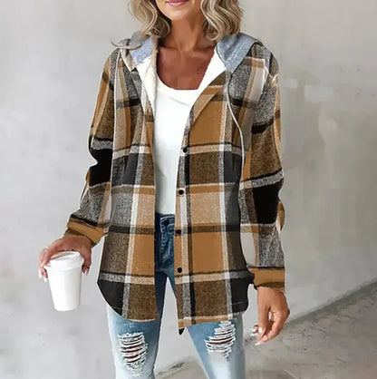 Plaid Hooded Jacket Fashion Casual Button Pocket Coat Autumn And Winter Women&