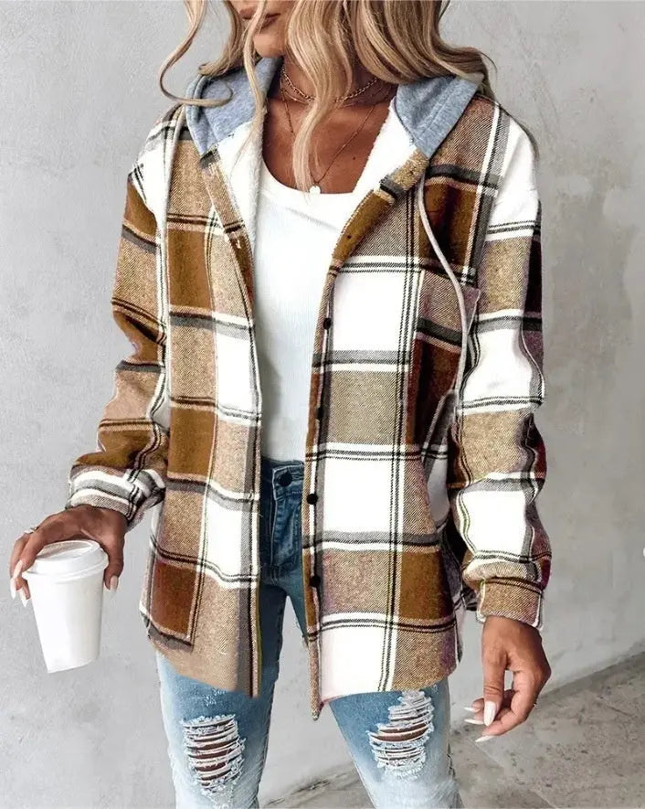 Plaid Hooded Jacket Fashion Casual Button Pocket Coat Autumn And Winter Women&