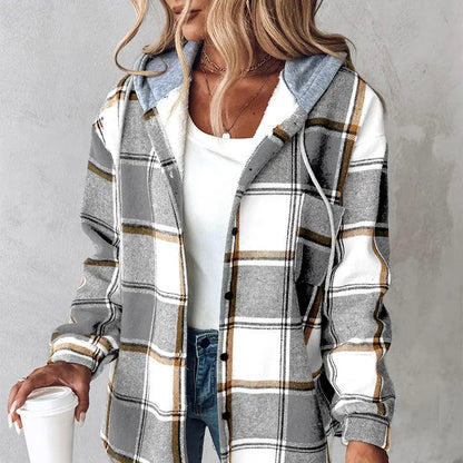 Plaid Hooded Jacket Fashion Casual Button Pocket Coat Autumn And Winter Women&