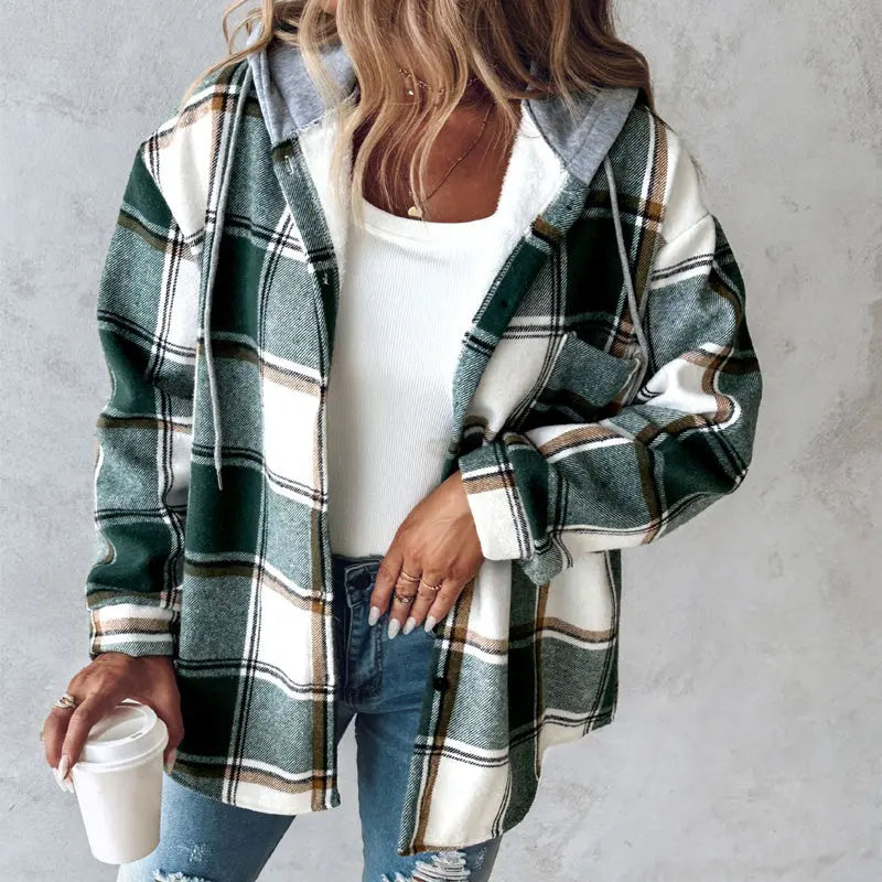 Plaid Hooded Jacket Fashion Casual Button Pocket Coat Autumn And Winter Women&