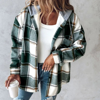 Plaid Hooded Jacket Fashion Casual Button Pocket Coat Autumn And Winter Women&