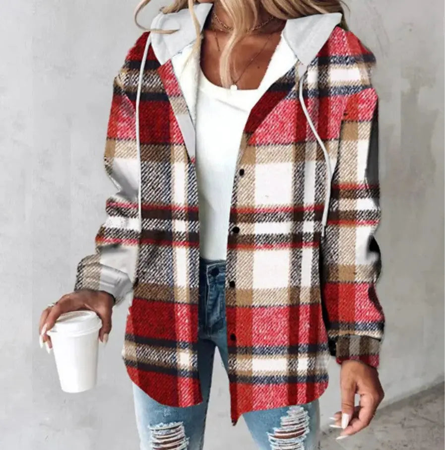 Plaid Hooded Jacket Fashion Casual Button Pocket Coat Autumn And Winter Women&