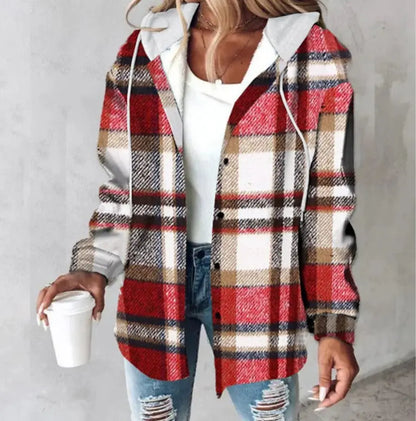Plaid Hooded Jacket Fashion Casual Button Pocket Coat Autumn And Winter Women&