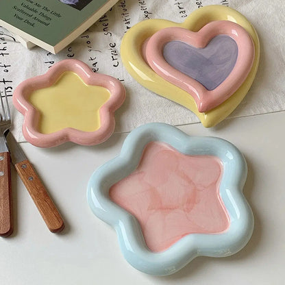 Hand Drawn Star Shaped Heart Plate Cat Bowl Cute Cartoon Don