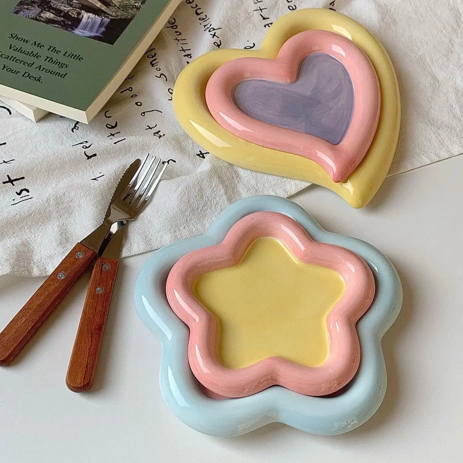 Hand Drawn Star Shaped Heart Plate Cat Bowl Cute Cartoon Don