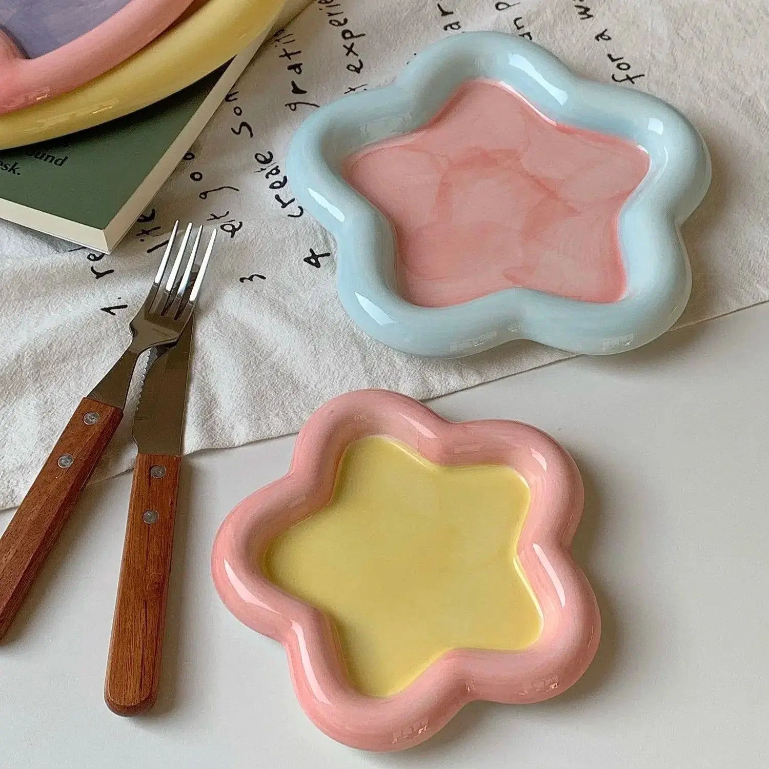 Hand Drawn Star Shaped Heart Plate Cat Bowl Cute Cartoon Don