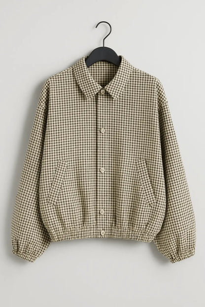 Casual Grid Lapel Zipper Pocket Short Coat Women Loose Full Sdy Chic C