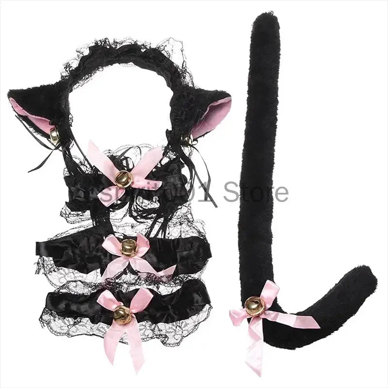 Womens Halloween Maid Lace Cat Ear Headband Hair Accessories Cat Ear Headband Long Tassel Japanese Animation Cosplay Accessories Novara Shop
